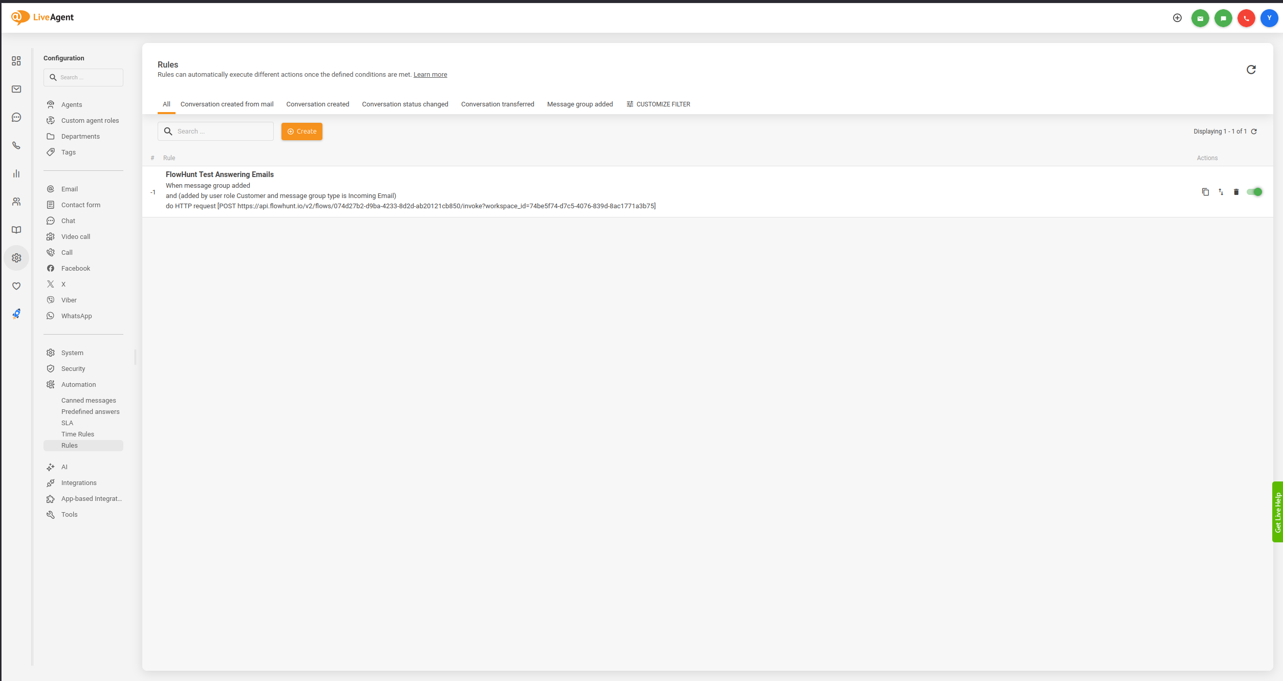 LiveAgent 自动化规则配置面板